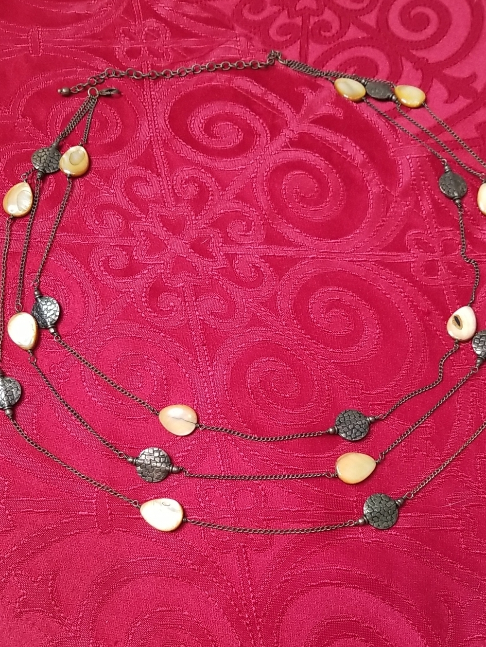 Unknown Designer 3 tier necklace w/ stones & discs adjustable chain EUC